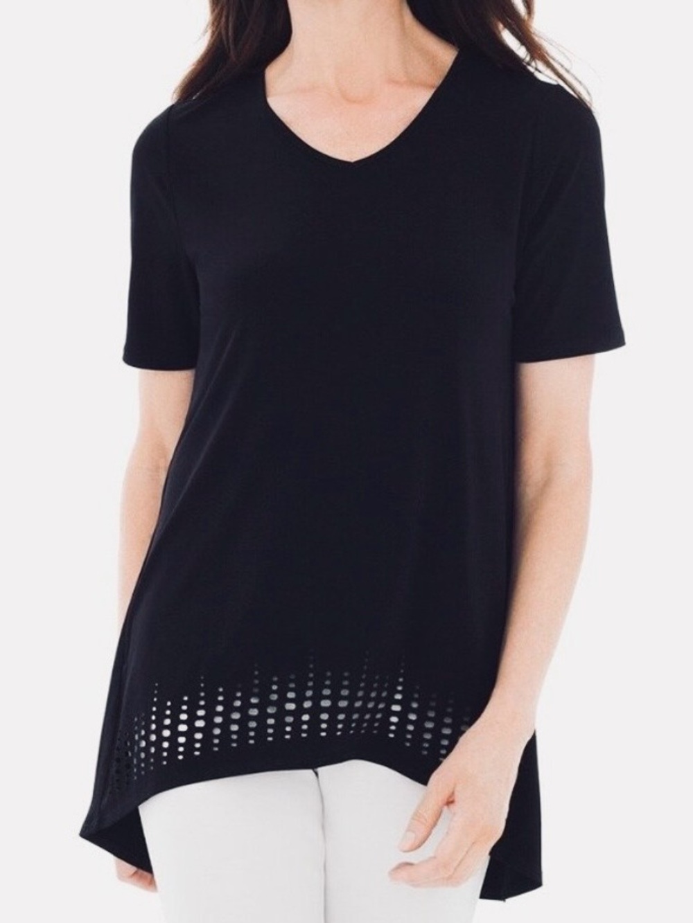 Chico’s Black V-Neck Short Sleeve Tunic Top with Laser-Cut Hem Size 2 (Large)